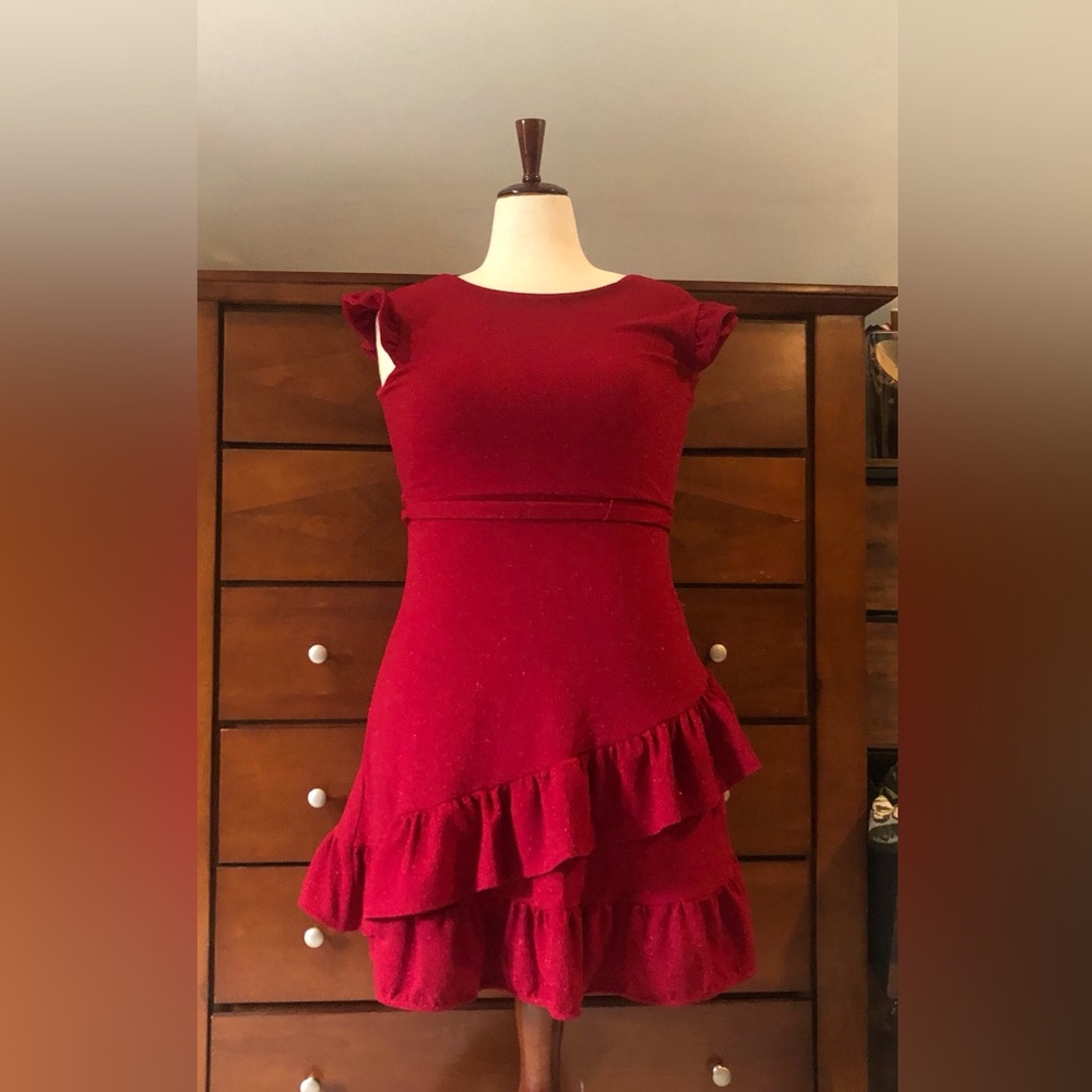 Us Angels Red Sparkle Ruffle Knit Dress